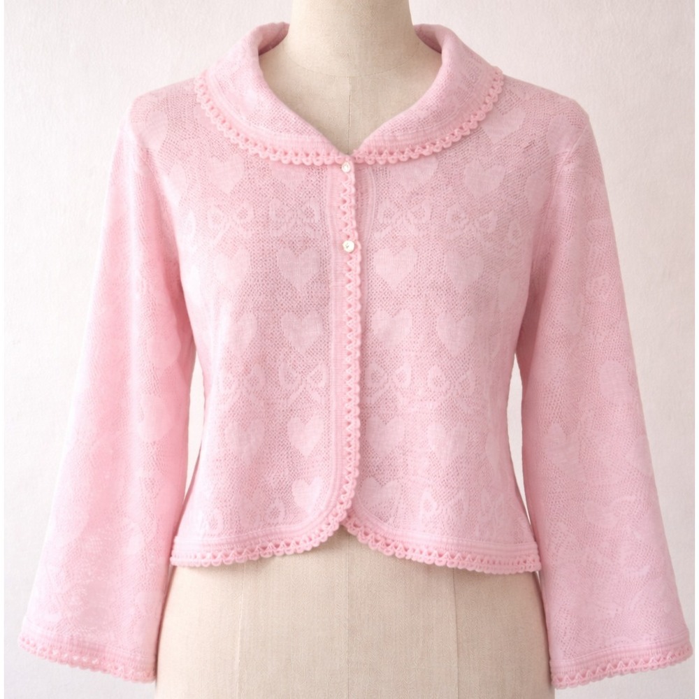 Pink Heart Knit Cardigan Womens M Pointelle Coquette Balletcore Soft Girl Y2K‎